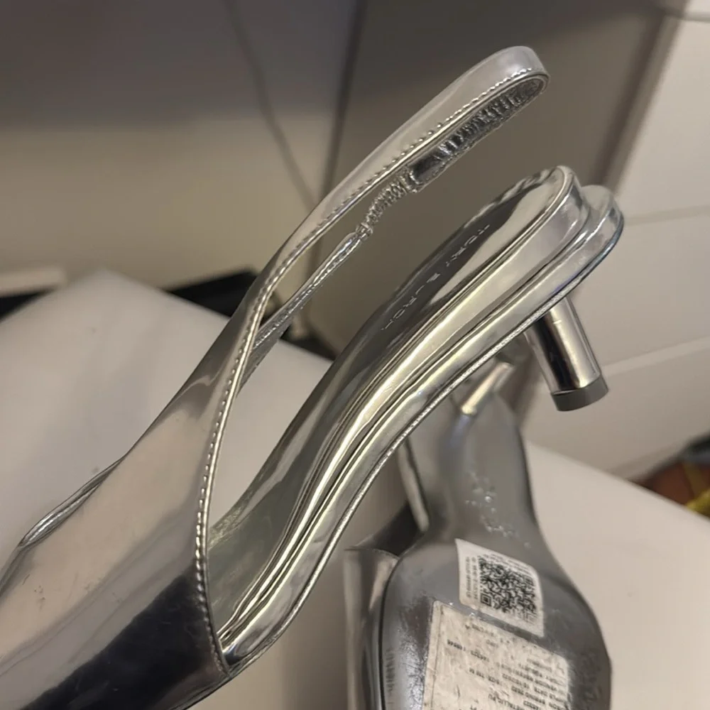 Tory Burch Silver Metallic Slingback Kitten Heels